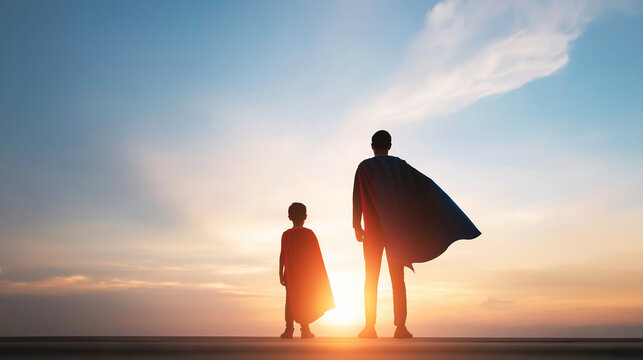 Father and child heroes standing together with capes at sunset, symbolizing protection, power, and hopeful future