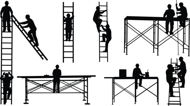 Construction worker silhouette set showing ladder climbing scaffolding work teamwork height safety industrial labor black vector illustration collection