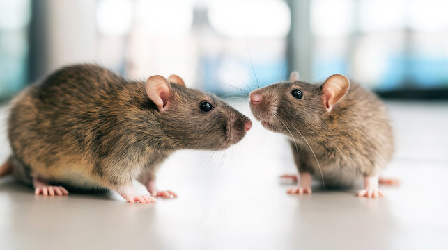 Two brown rats coming together, touching noses on a sleek surface, symbolizing unity and engagement