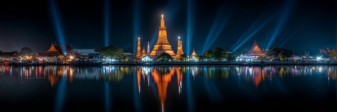 Wat Arun temple night panorama with river reflections and illuminated Bangkok skyline, Thailand