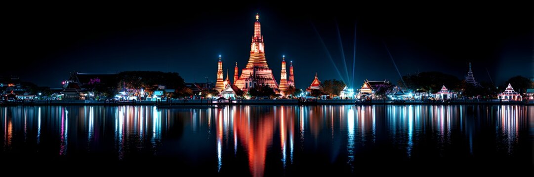 Wat Arun temple night panorama with river reflections and illuminated Bangkok skyline, Thailand