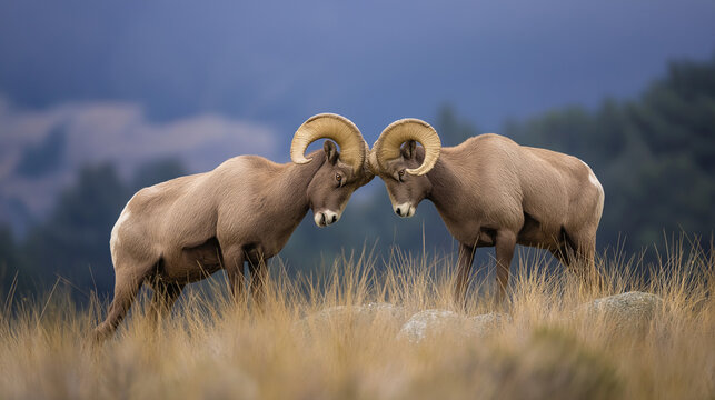 contenders. Two rams facing off on a grassy hillside before a clash. wildlife magazines, conservation campaigns, designed for wildlife conservation campaigns, used by government communicators.