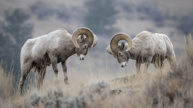 contenders. Two rams facing off on a grassy hillside before a clash. wildlife magazines, conservation campaigns, designed for wildlife conservation campaigns, used by government communicators.