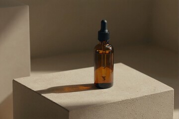 Amber Glass Dropper Bottle on Minimalist Geometric Stone Display