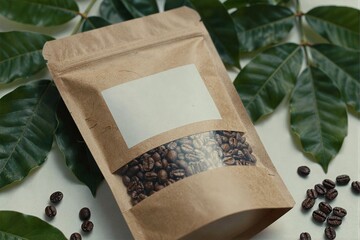 Coffee Packaging with Natural Leaves and Roasted Beans Background