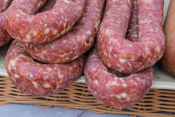 Fototapeta premium Traditional smoked sausages at local outdoor market
