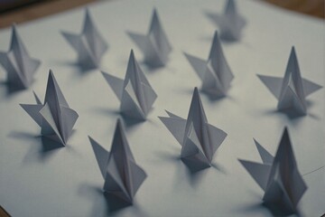 Paper Origami Creations in an Artistic Arrangement on a Flat Surface