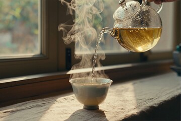 Aromatic Green Tea Being Poured into a Steaming White Cup