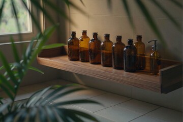 Vintage Glass Bottles on Wooden Shelf in Cozy Bathroom Setting