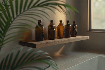 Vintage Glass Bottles on Wooden Shelf in Natural Light Setting
