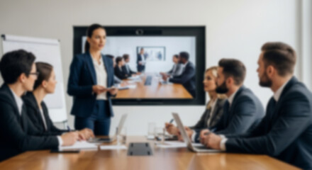 Obraz premium Artistic blur of professional business meeting in modern office