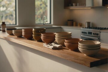 Neatly Stacked Ceramic Bowls on Wooden Counter in Modern Kitchen