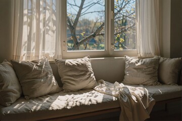 Cozy Sunlit Corner with Pillows and Soft Drapes by Window