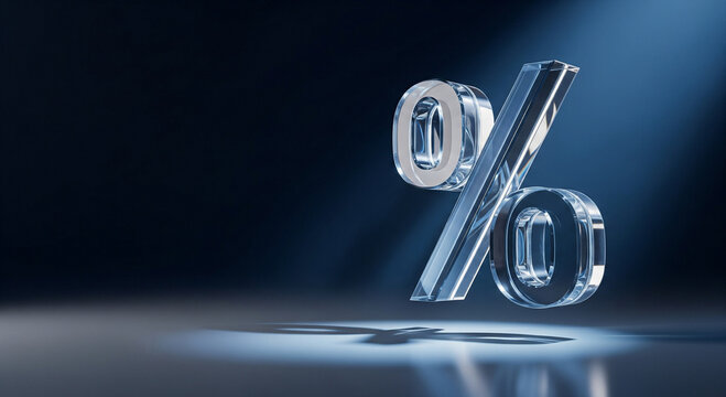 Shimmering glass percentage symbol floats in dramatic blue light, representing finance and value.