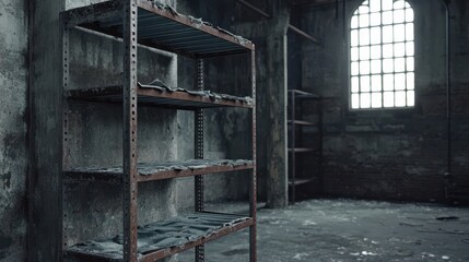 Old industrial metal shelving units in a decaying abandoned warehouse interior with a window
