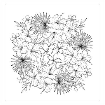 Floral Coloring Page. Botanical coloring book page with flowers. Outline Flowers for coloring.