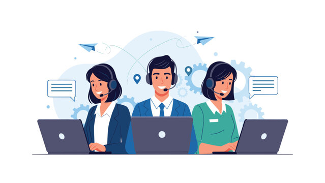 Team of three call center operators wearing headsets and using laptops for customer service and technical support communication themes.