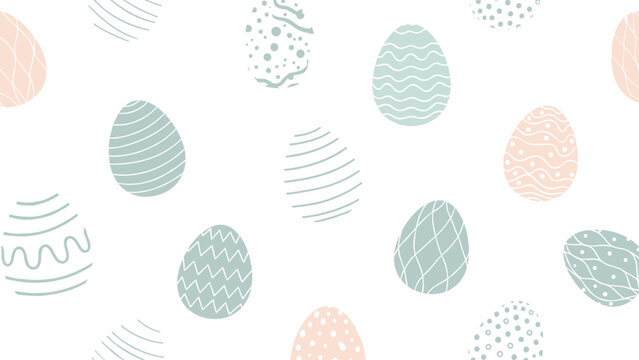 Seamless pattern of hand drawn easter eggs with different pastel patterns on a white background for spring holiday decorations.