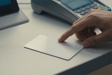 Close-up of Hand Using Blank Card on Payment Terminal at Desk