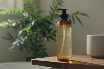 Amber bottle with liquid on wooden surface and plant in background