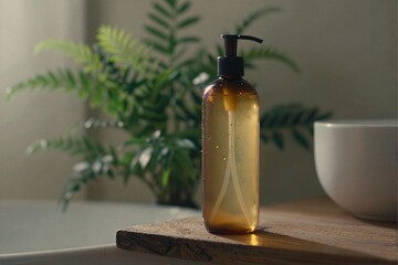 Stylish amber bottle with liquid and green plant in soft light