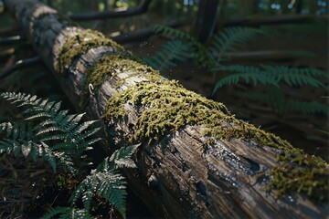 Moss-Covered Log in Forest Setting with Ferns and Soft Lighting