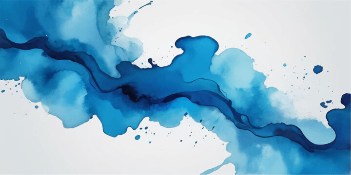 An abstract watercolor world map illustration featuring blue paint splashes and ink textures on a grunge paper background with a colorful sea pattern