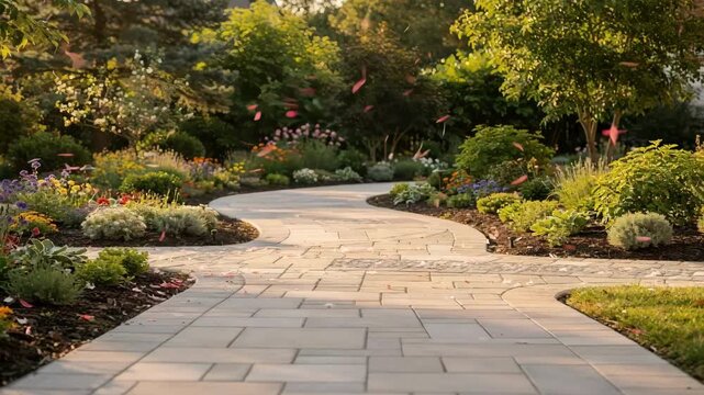Wide paver pathway showcasing even accessible design winding through a vibrant backyard with soft background greenery.