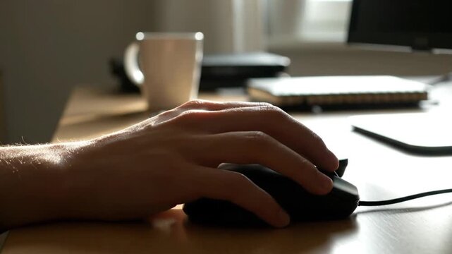 A person's hand using a wired computer mouse on a wooden desk with a mug in the background, illuminated by natural light.