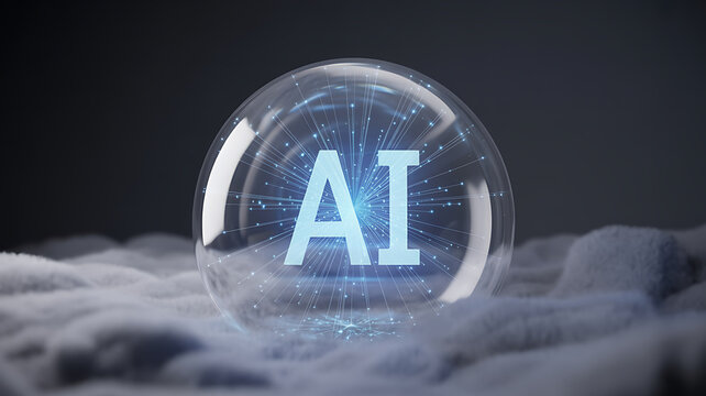 AI logo inside a glass sphere on a cloud-like surface, representing artificial intelligence and innovation