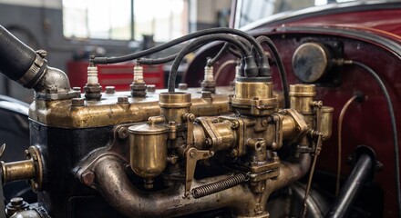 Fototapeta premium Vintage Antique Car Engine Detailed Close-up with Brass Carburetors and Spark Plugs