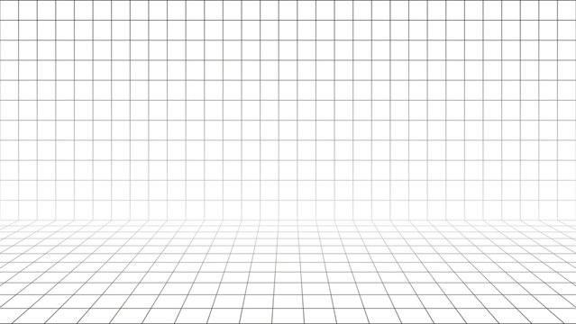 Minimalist Retro Futuristic Grid Room Background. Perspective Floor and Wall Lines on White for 80s Cyberpunk Design Aesthetic. Vector illustration