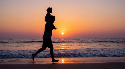 Father carrying child on shoulders running on beach at sunset.