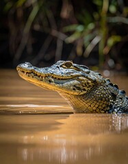 Fototapeta premium Australian saltwater crocodile emerges from murky water with head and shoulders visible showing its scaly skin and sharp teeth