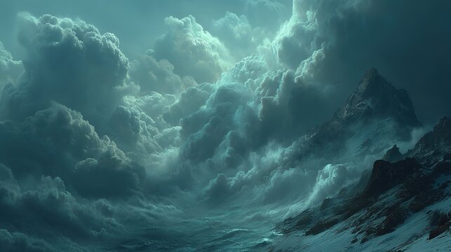 Rolling Clouds and Distant Snowy Peaks in a Moody Landscape