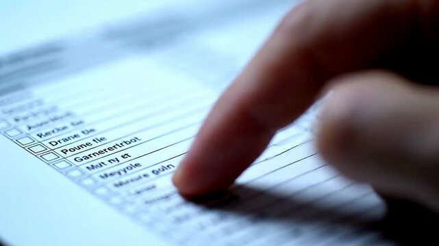 Close up of finger pointing at item on list or Close up of hand checking list item