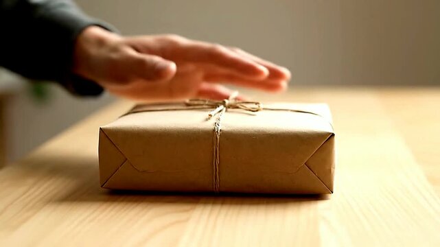 Close up of gift resting on table or Close up of hands touching wrapped box on table