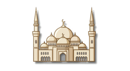 Fototapeta premium Cut-out wooden model of a Middle Eastern mosque with domes and minarets against a plain white background.