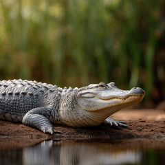 Obraz premium Adult alligator resting on riverbank, calm expression, textured scales, natural habitat, green background, wildlife scene