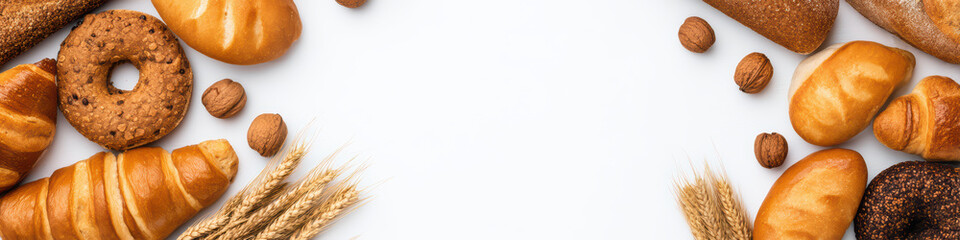 Obraz premium Bakery assortment with croissant, bread, cookie, nuts, and wheat on white background, warm tones evoke cozy and inviting atmosphere for minimal style composition