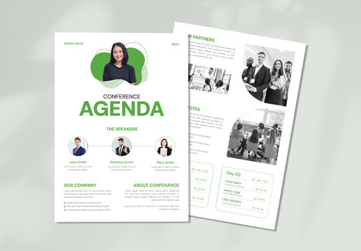 Modern Conference Agenda Flyer Template with Green Abstract Design