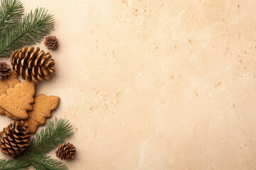 Christmas cookie pine cone pine branch holiday decoration winter festive background with space for text