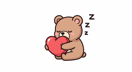Naklejka premium Cartoon Bear Hugging Red Heart Sleeping.