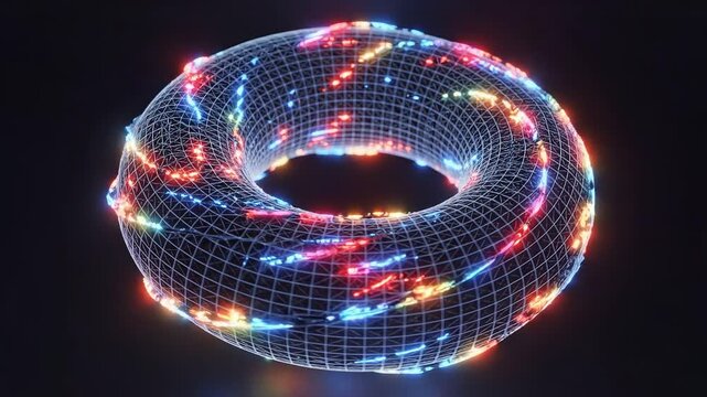 Glowing wireframe torus structure emits vibrant light pulses against a solid black background for modern digital technology projects.