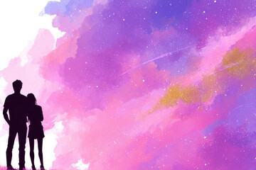 Fototapeta premium Silhouettes of a couple in love against the background of an abstract cosmic sky. Space for text.