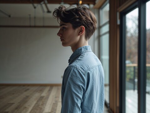 Full body photograph person facing sideways modern aesthetic