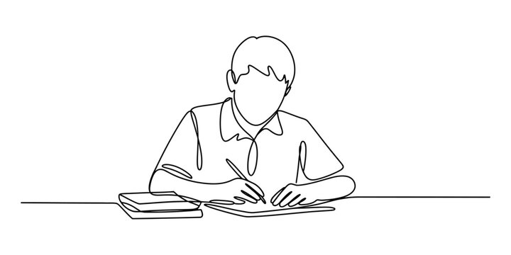 A continuous line art illustration showing a young student writing at a desk with books