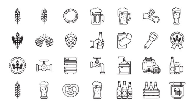 Vector beer brewery icons, including hops, beer glasses, bottles, and tap, for logo, branding, or infographic