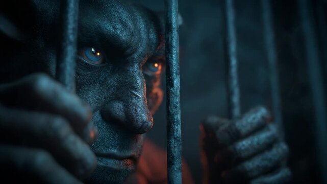Close-up of mysterious creature behind bars with intense glowing eyes in dim light