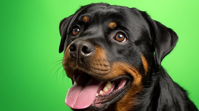 Rottweiler Dog Portrait Green Background Studio.